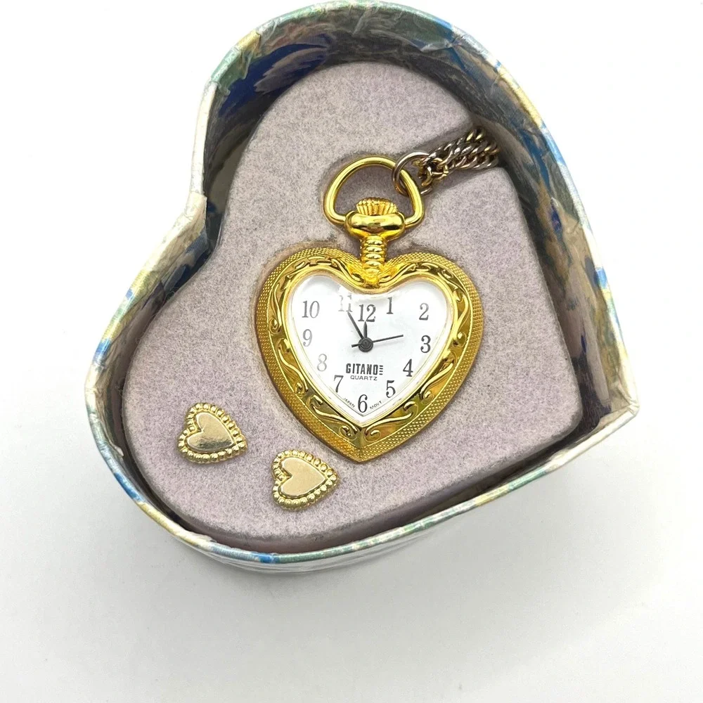Vintage Gitano Gold Tone Heart Pocket Watch Necklace and Earrings Jewelry Set